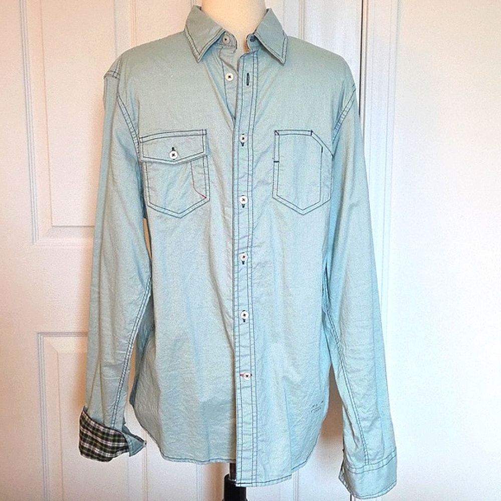 MEN'S GUESS MODERN ADJUSTABLE SLEEVES GREEN BLUE DENIM PLAID CUFFS SHIRT MEDIUM